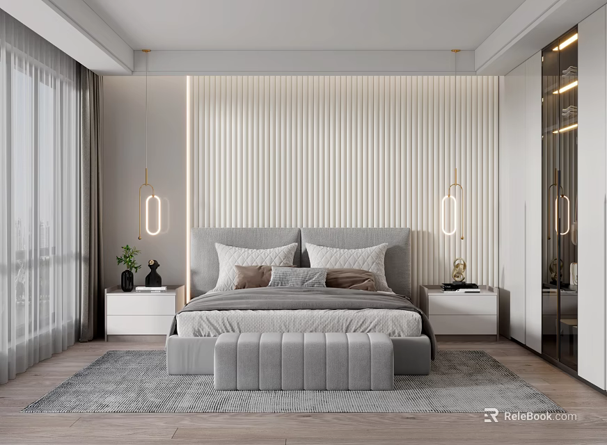 Contemporary Bedroom Interior With Striped Headboard Wall Gray Bed Pillows Nightstands Hanging Lamps And Bench 3d model 