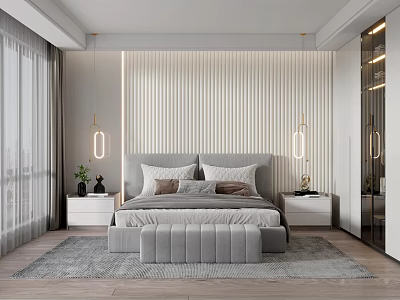 Contemporary Bedroom Interior With Striped Headboard Wall Gray Bed Pillows Nightstands Hanging Lamps And Bench 3d model