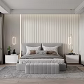 Contemporary Bedroom Interior With Striped Headboard Wall Gray Bed Pillows Nightstands Hanging Lamps And Bench