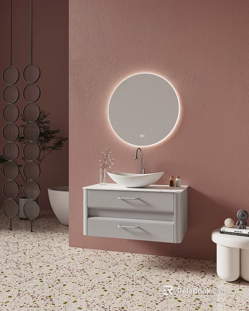Modern Bathroom Vanity With Round Backlit Mirror White Vessel Sink And Pink Wall 3d model 