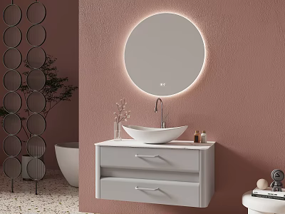 Modern Bathroom Vanity With Round Backlit Mirror White Vessel Sink And Pink Wall 3d model
