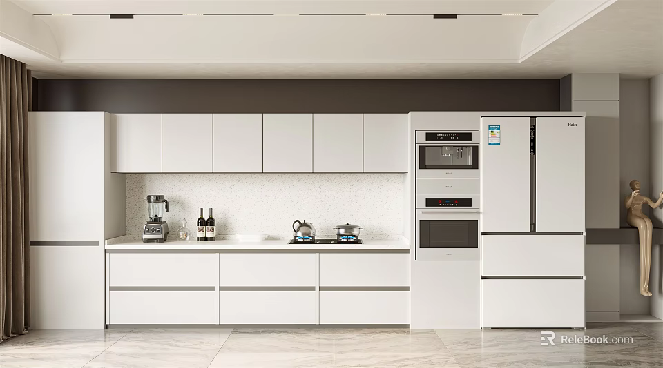 Modern Kitchen Interior Featuring White Cabinets Countertop And Integrated Appliances 3d model 