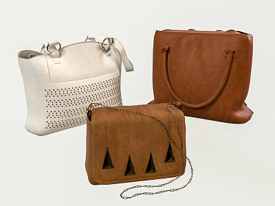 Trendy Leather Handbags Collection Including Perforated White and Brown Triangular Accents and Chain Strap 3d model