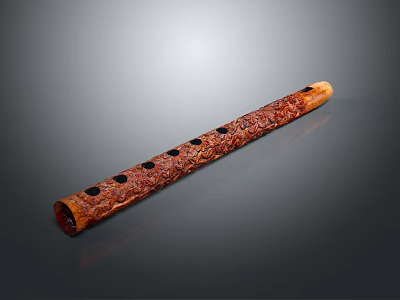 Traditional Brown Wooden Flute With Intricate Carved Patterns And Artistic Design 3d model