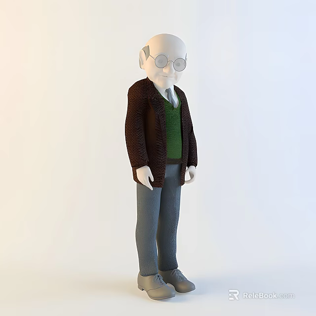 Man Wearing Glasses Brown Coat Green Sweater And Gray Pants 3d model 