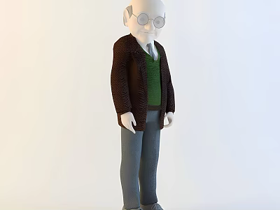 Man Wearing Glasses Brown Coat Green Sweater And Gray Pants 3d model