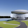 Modern Architectural Structure With Circular Roof Glass Facade And Water Reflection 3d model