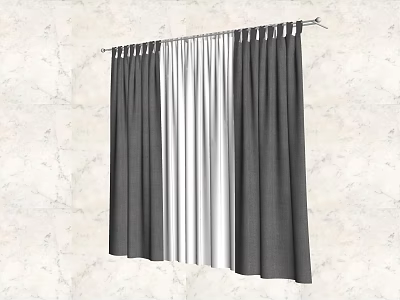 Gray and White Fabric Curtains Hanging on Rod Against Light Colored Wall 3d model
