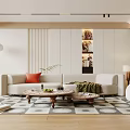 Modern Living Room With Beige Sofa Orange Pillow Green Blanket Coffee Table And Patterned Rug