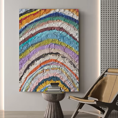 Colorful Abstract Painting With Textured Rainbow Stripes Above Pedestal Table And Books Near Modern Armchair 3d model