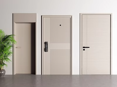 Modern Light Colored Hinged Doors With Different Patterns In Interior And Green Plant Decoration 3d model