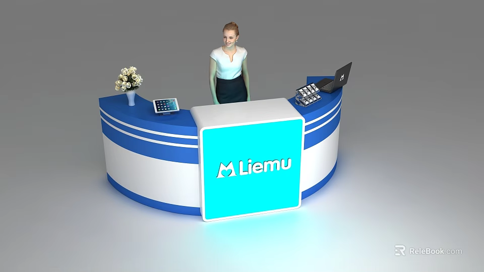 Modern Blue And White Liemu Reception Desk With Vase Calculator Laptop And Files 3d model 