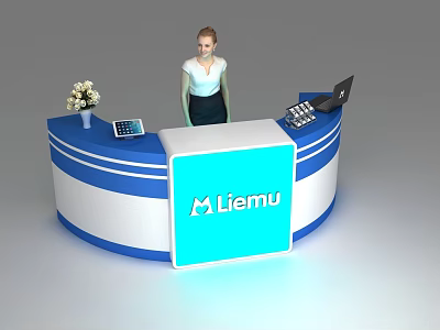 Modern Blue And White Liemu Reception Desk With Vase Calculator Laptop And Files 3d model