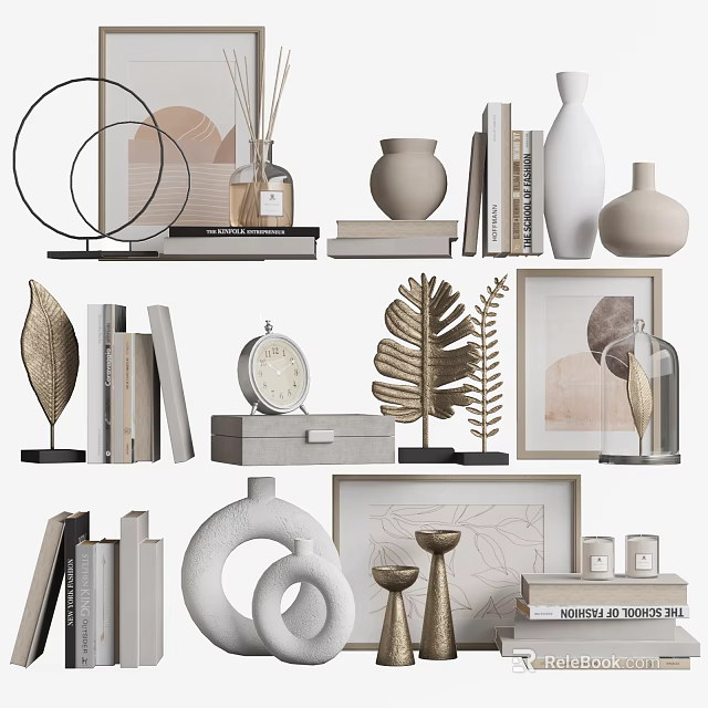 Modern Decorative Ornament Sets With Vases Frames Books Leaf Decor And Clock 3d model 