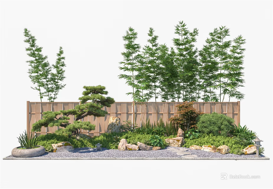 Garden Wall Design With Tall Trees Green Plants And Decorative Stones 3d model 