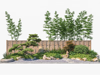 Garden Wall Design With Tall Trees Green Plants And Decorative Stones 3d model