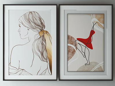 Figure Paintings Line Art Female Back with Gold Accent Abstract Red Dress Dynamic Beige Brown 3d model