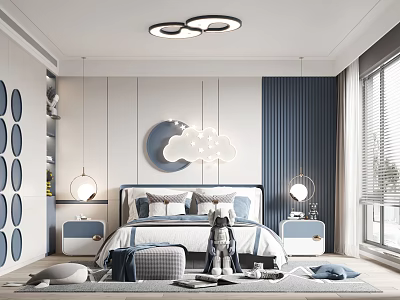 Modern Kids Room Interior With Cloud Shaped Light Blue White Bedside Tables And Window 3d model
