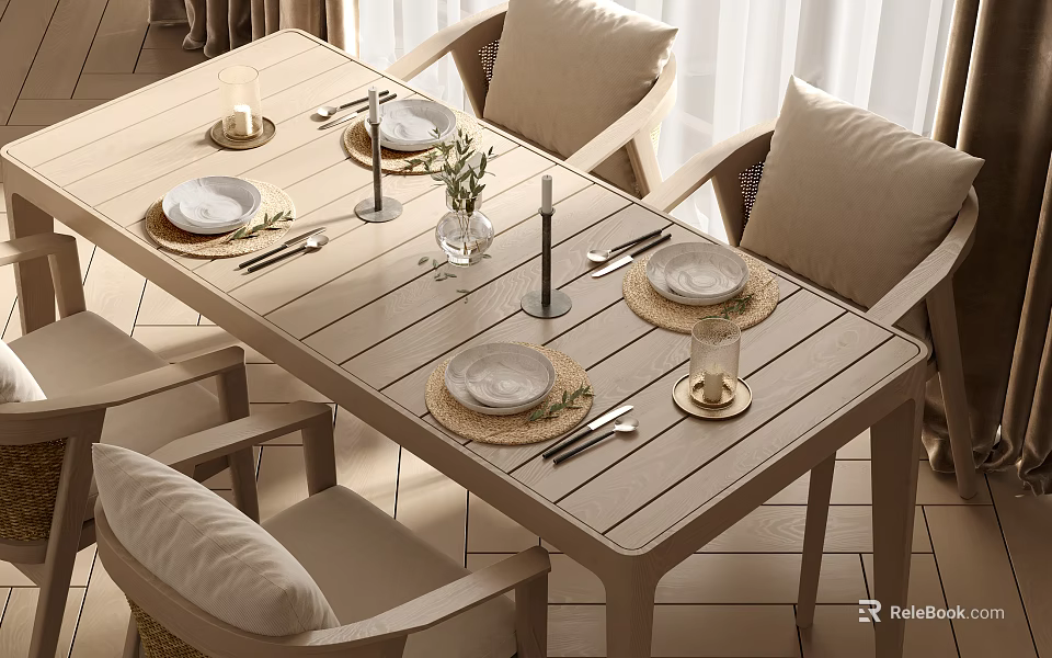 Wooden Dining Table Set With Upholstered Chairs Plates Candles And Greenery Vase 3d model 