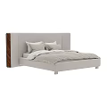 Modern Upholstered Double Bed With Striped Bedspread Wood Accent Headboard And Pillows