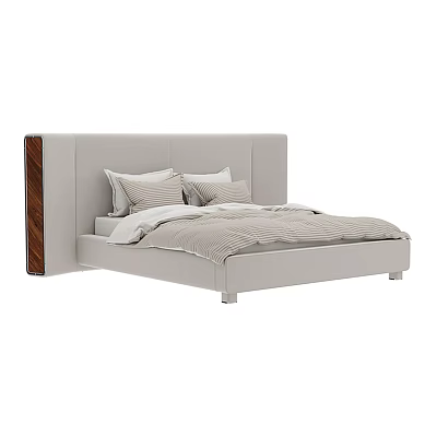 Modern Upholstered Double Bed With Striped Bedspread Wood Accent Headboard And Pillows 3d model