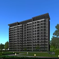 Modern Residential Building with Glass Curtain Walls and Balconies Surrounded by Greenery and Lawn