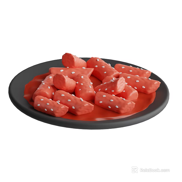 Red Candy Pieces With White Dots Served On Black Plate For Sweet Snacks 3d model 