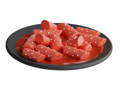 Red Candy Pieces With White Dots Served On Black Plate For Sweet Snacks 3d model