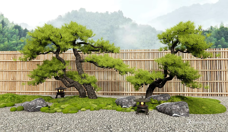 Japanese Pine Trees in Zen Garden with Bamboo Fence Mossy Rocks and Misty Mountain Backdrop 3d model 