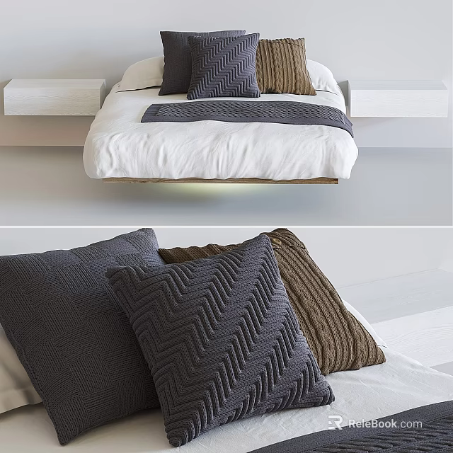 Floating Bed With White Bed Sheet Nightstands And Knitted Pillows Gray Brown Zigzag Pattern 3d model