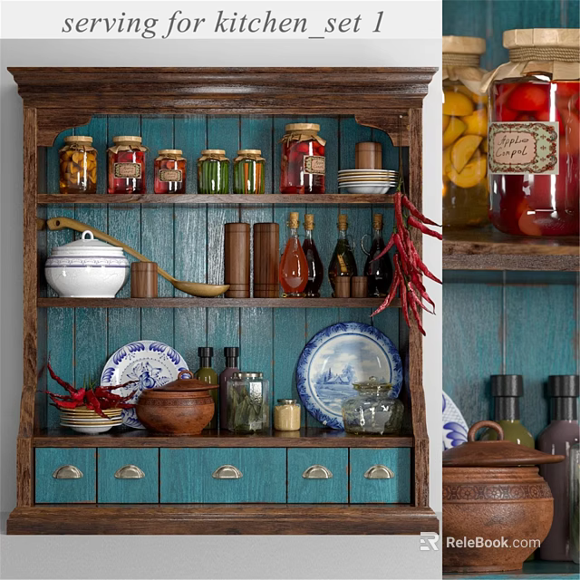 Vintage Blue Wooden Kitchen Shelf Displaying Glass Jars Bowls Plates And Chili Peppers 3d model 