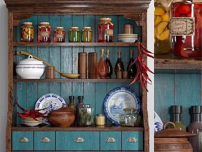 Vintage Blue Wooden Kitchen Shelf Displaying Glass Jars Bowls Plates And Chili Peppers 3d model