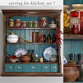 Vintage Blue Wooden Kitchen Shelf Displaying Glass Jars Bowls Plates And Chili Peppers