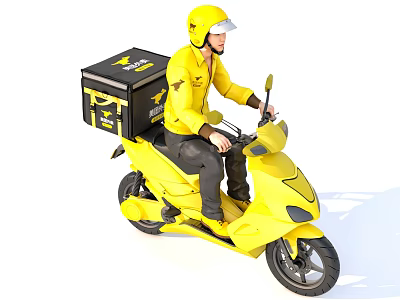 Man wearing yellow helmet and uniform riding yellow electric scooter with black delivery box 3d model