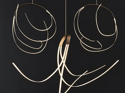 Modern Chandelier Design with Curved Metal Lines and LED Light Strips Hanging Against Black Background 3d model