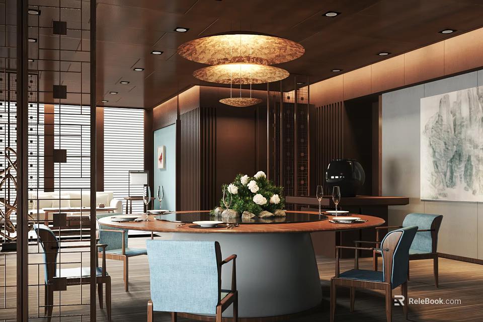 Elegant Modern Private Dining Room with Round Table Blue Chairs Chandelier and Flower Arrangement 3d model