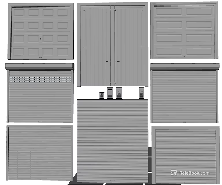 Various Garage And Roller Door Designs Featuring Different Panel Styles 3d model
