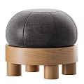 Modern Gray and White Round Ottoman with Fabric Upholstery Wooden Base and Legs