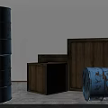 Industrial Storage Equipment With Rusted Blue Barrels And Wooden Crates