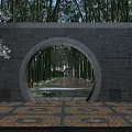 Traditional Garden Landscape Featuring Circular Archway Bamboo Forest Stone Path Snow and Stone Lion Statue