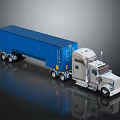 Silver Semi Truck with Blue Cargo Container on Smooth Reflective Black Surface 3d model