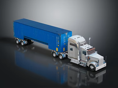Silver Semi Truck with Blue Cargo Container on Smooth Reflective Black Surface 3d model