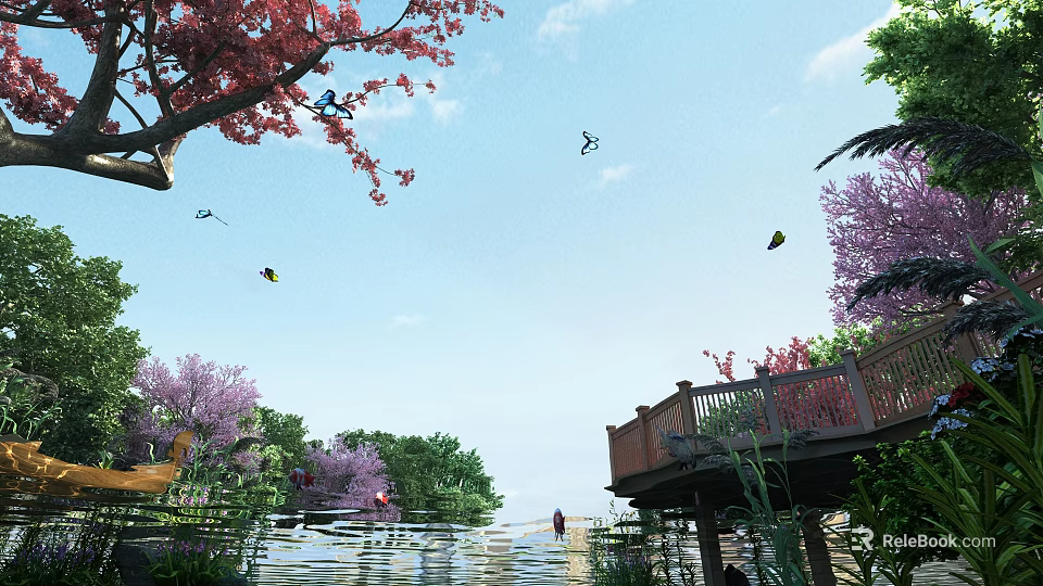Scenic Park Landscape with Red Cherry Blossoms Purple Trees Wooden Deck Water Surface Flying Birds 3d model 