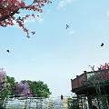 Scenic Park Landscape with Red Cherry Blossoms Purple Trees Wooden Deck Water Surface Flying Birds