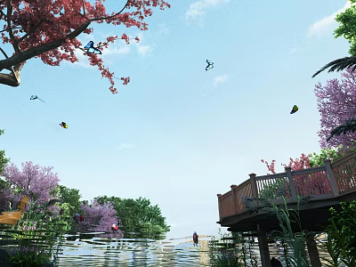 Scenic Park Landscape with Red Cherry Blossoms Purple Trees Wooden Deck Water Surface Flying Birds 3d model