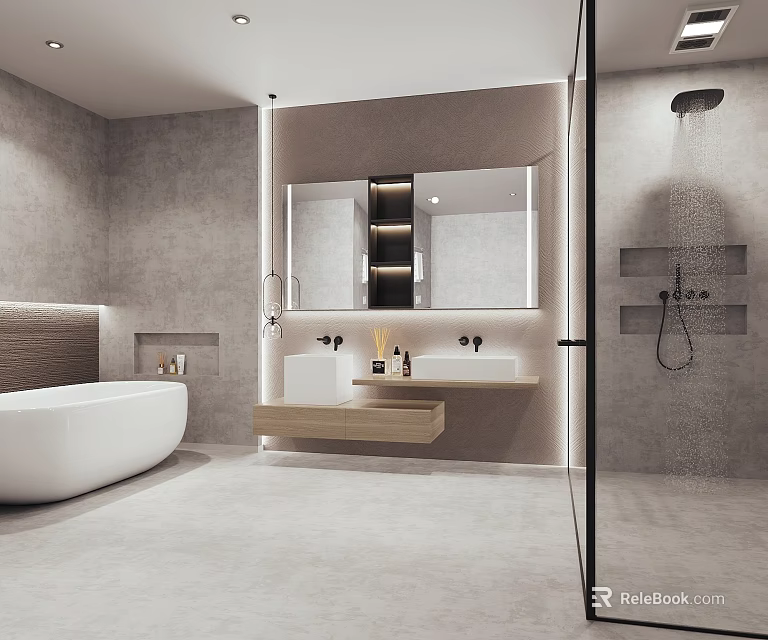 Modern Bathroom Design With Bathtub Double Vanity Large Mirror And Shower 3d model 