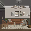 Modern Living Room Interior With Brown Sofa Wall Art Chandelier And Patterned Rug