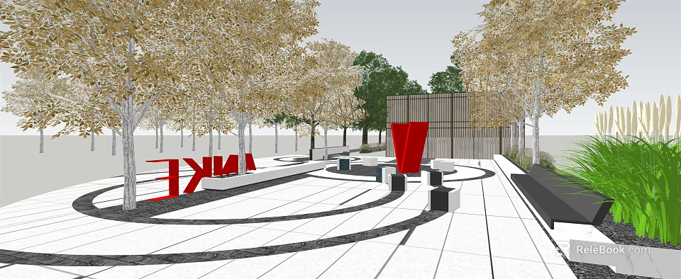 Modern Outdoor Space Design With Red Installation Golden Trees Geometric Seats White Ground Black Lines 3d model 
