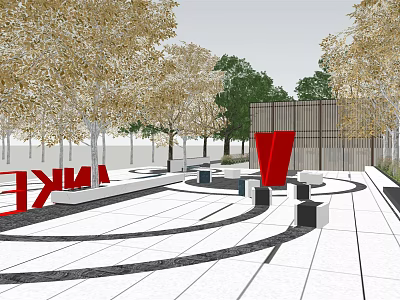 Modern Outdoor Space Design With Red Installation Golden Trees Geometric Seats White Ground Black Lines 3d model