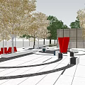 Modern Outdoor Space Design With Red Installation Golden Trees Geometric Seats White Ground Black Lines